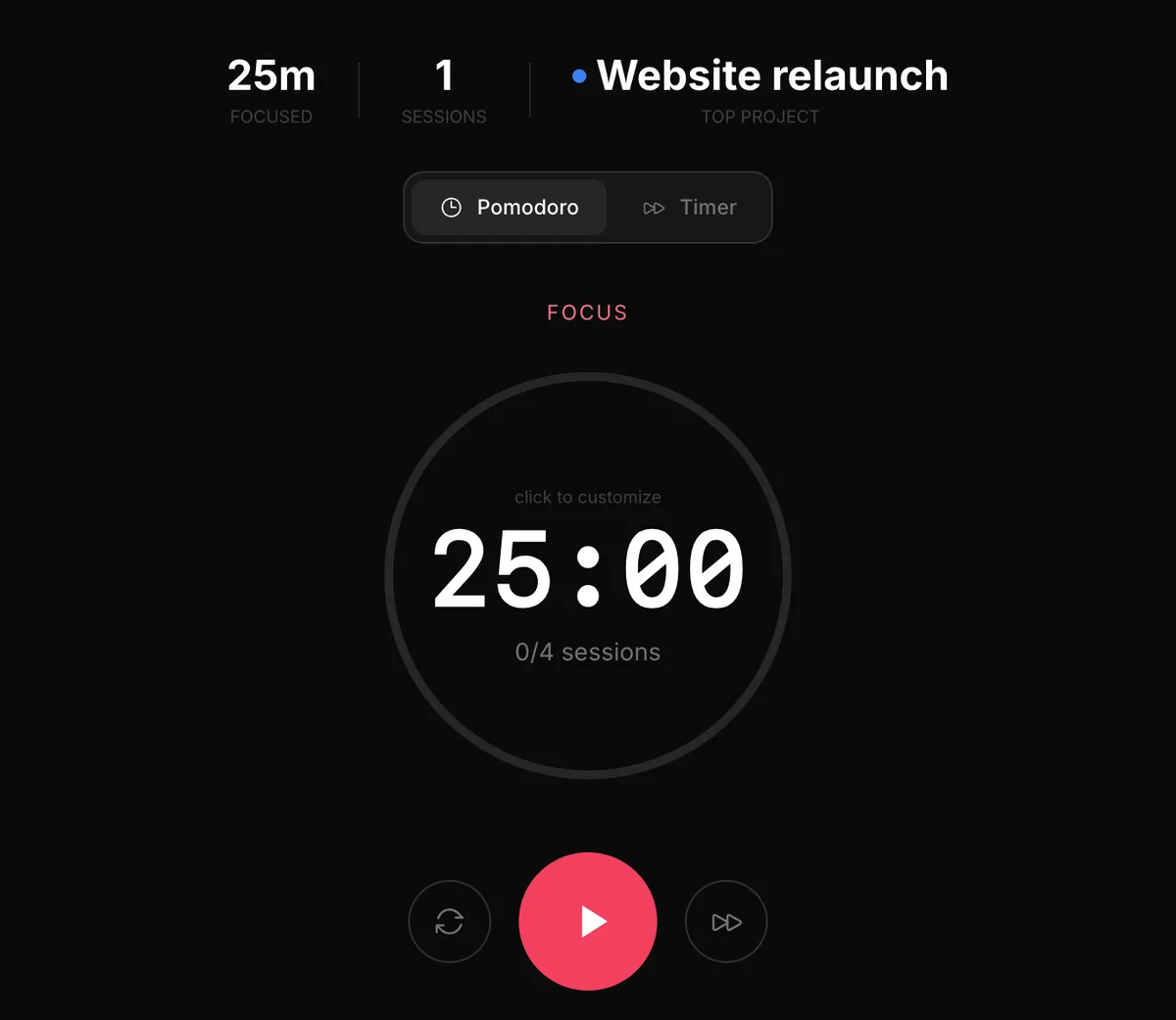 The focus timer set to 25 minutes with today's focus time above it