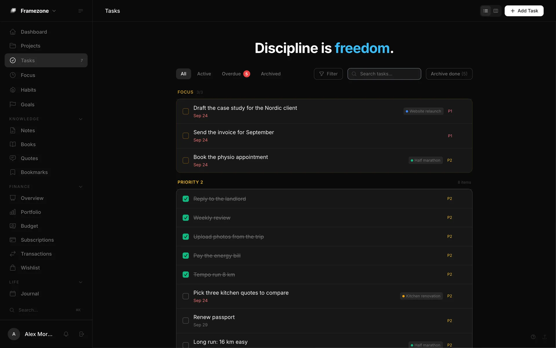 The tasks page with today's Top 3 pinned at the top, tagged by project