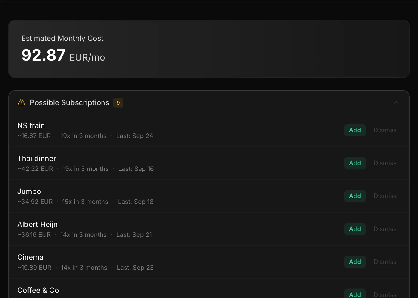 Estimated monthly subscription cost and a list of possible subscriptions found in transactions